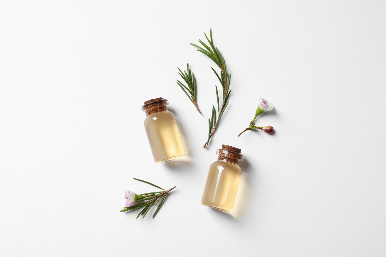 Flat Lay Composition with Bottles of Natural Tea Tree Oil on White Background